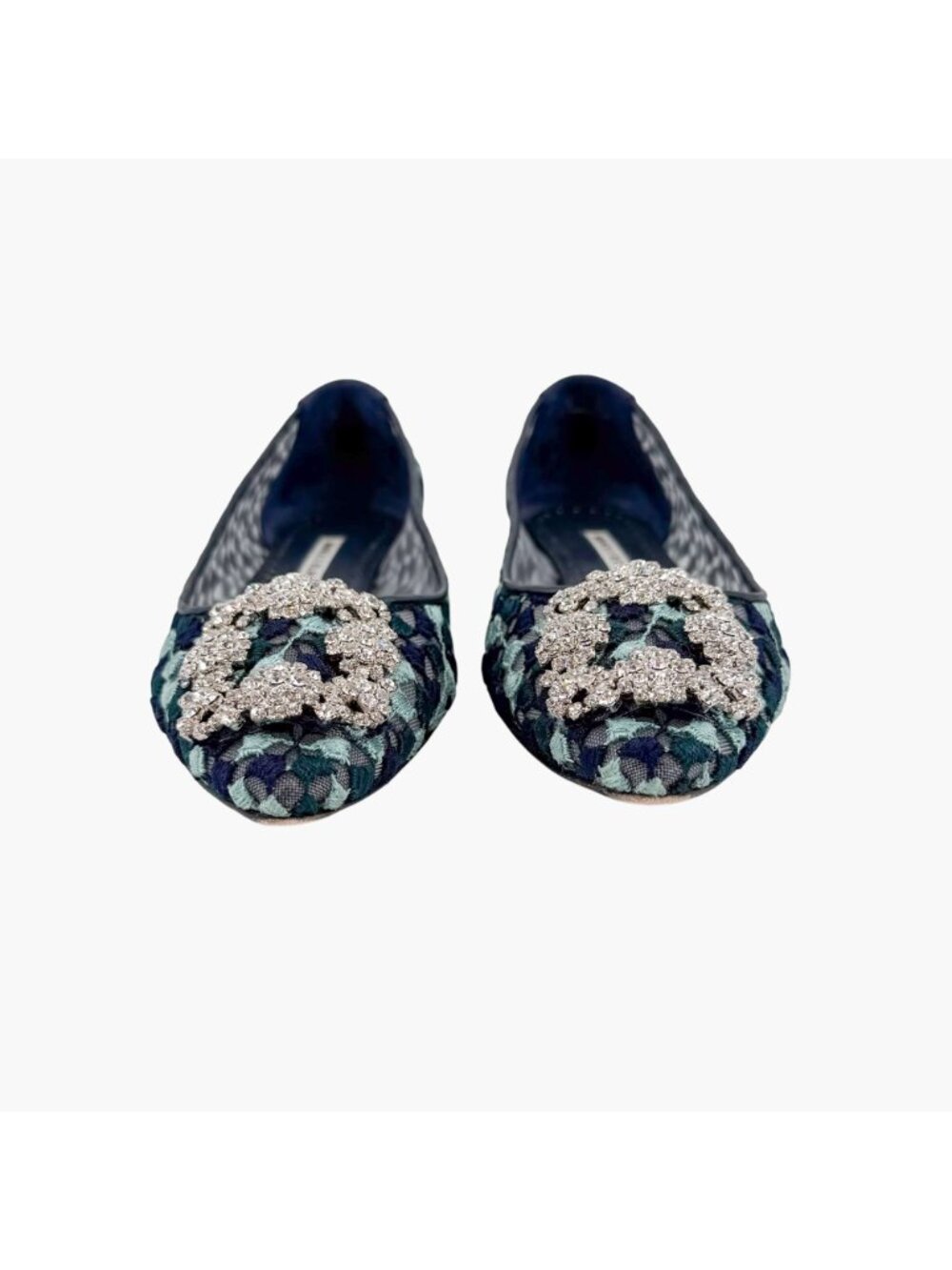 Manolo Blahnik Hangisi Ballet Flats Blue Lace Size 37.5 US 7.5 Crystal Pointed - Picture 6 of 15